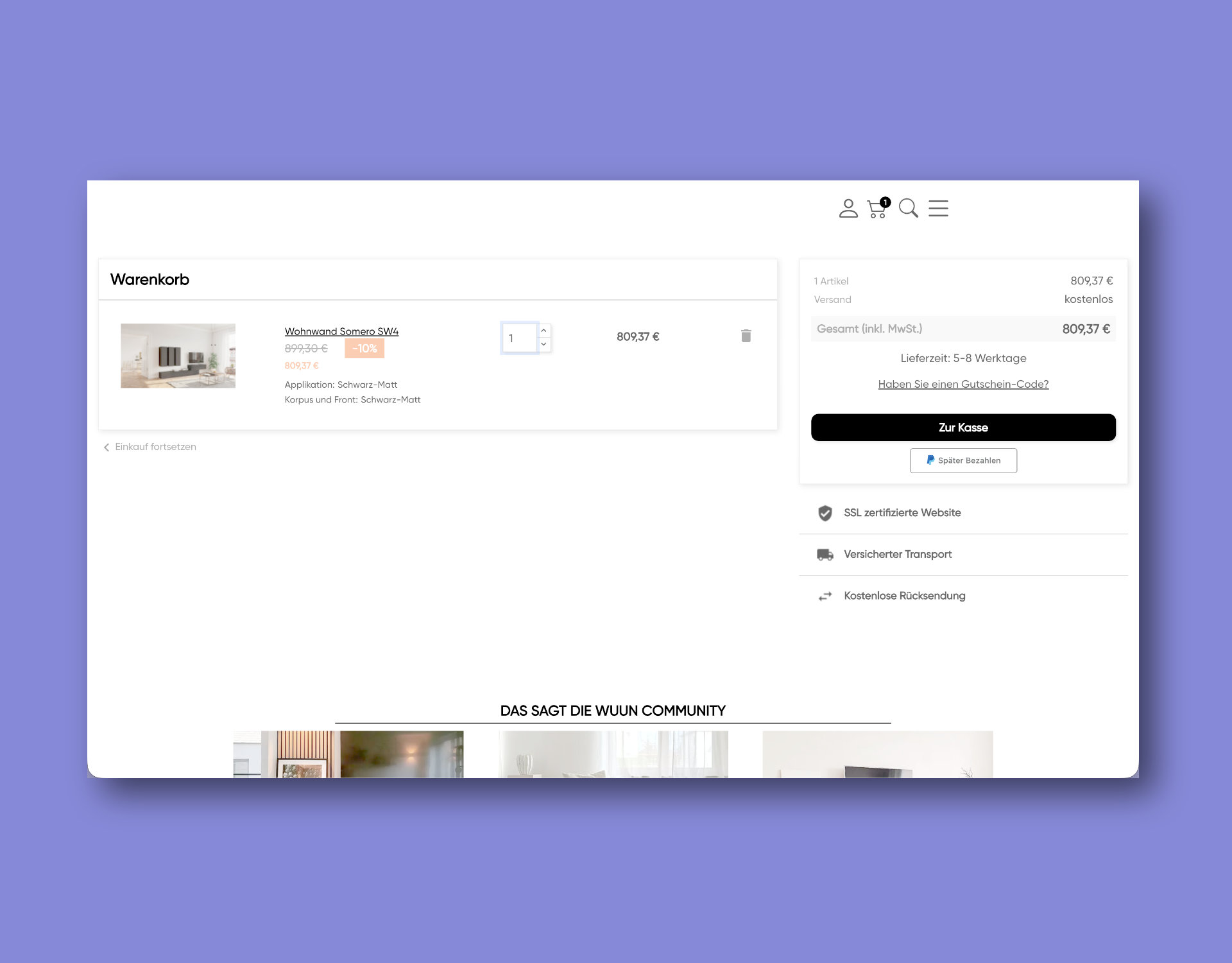 Warenkorb – Summary rechts, Trust darunter