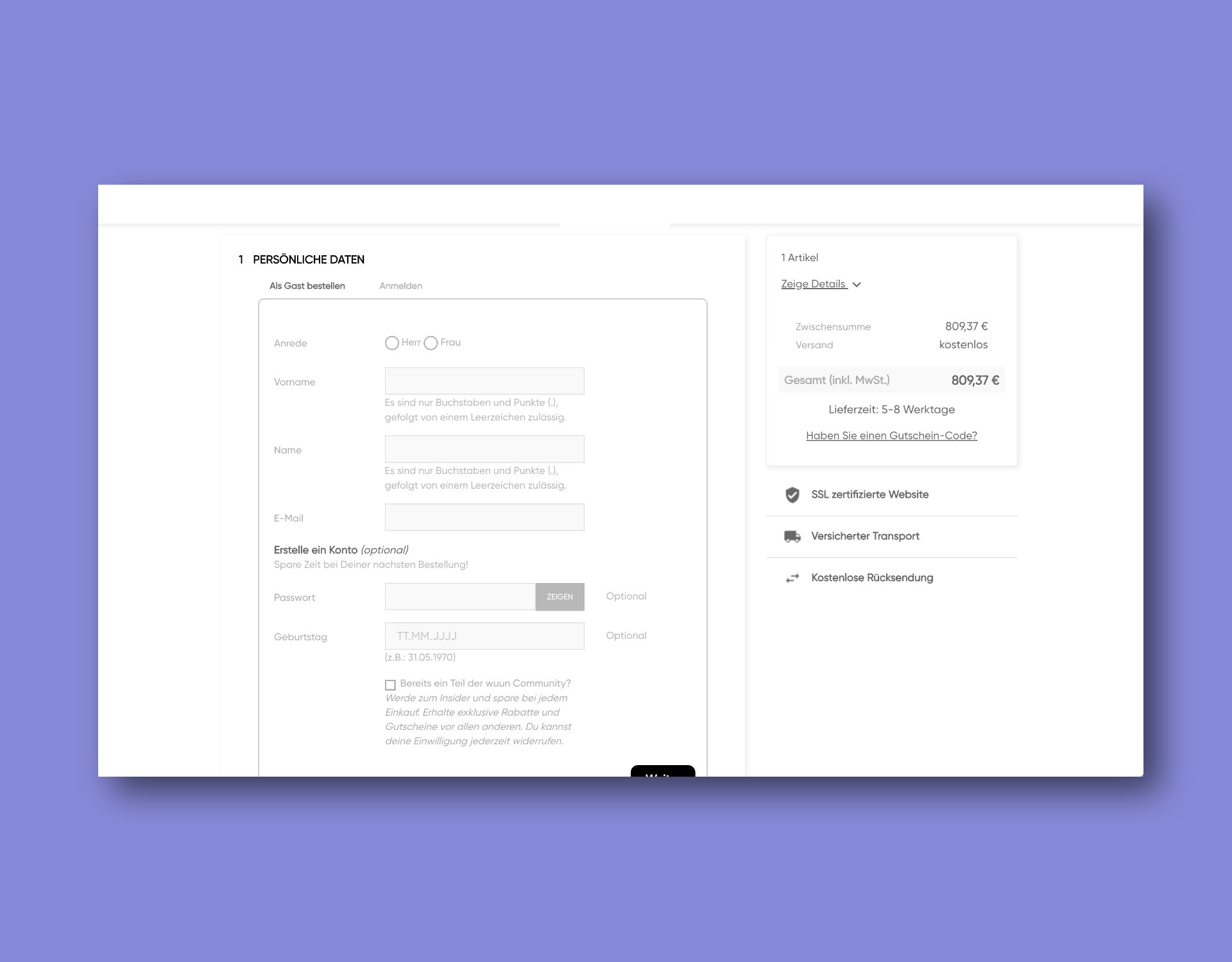 Checkout Step 1 – viele Felder + Konto optional