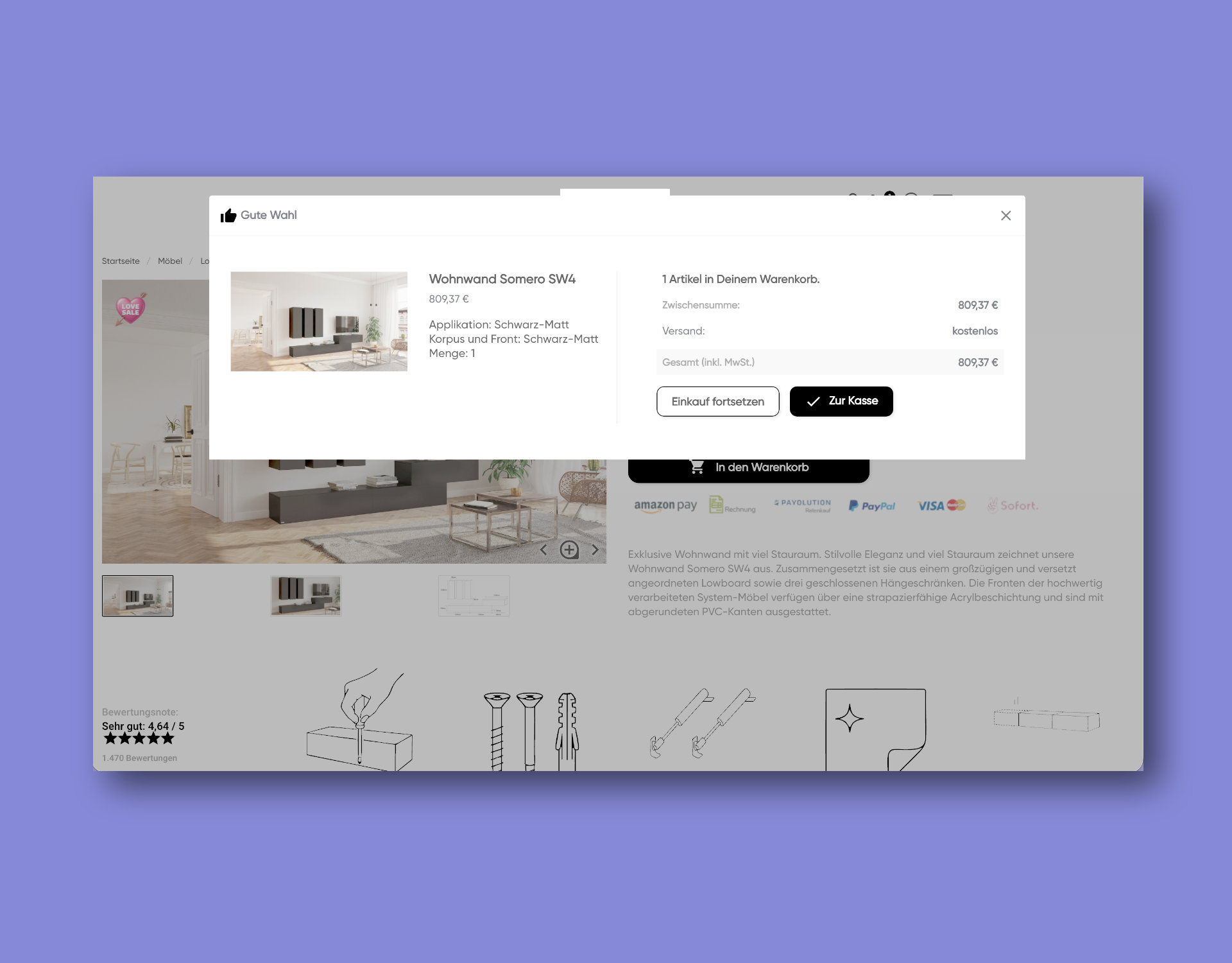 Add-to-Cart Modal – „Gute Wahl“ + CTAs
